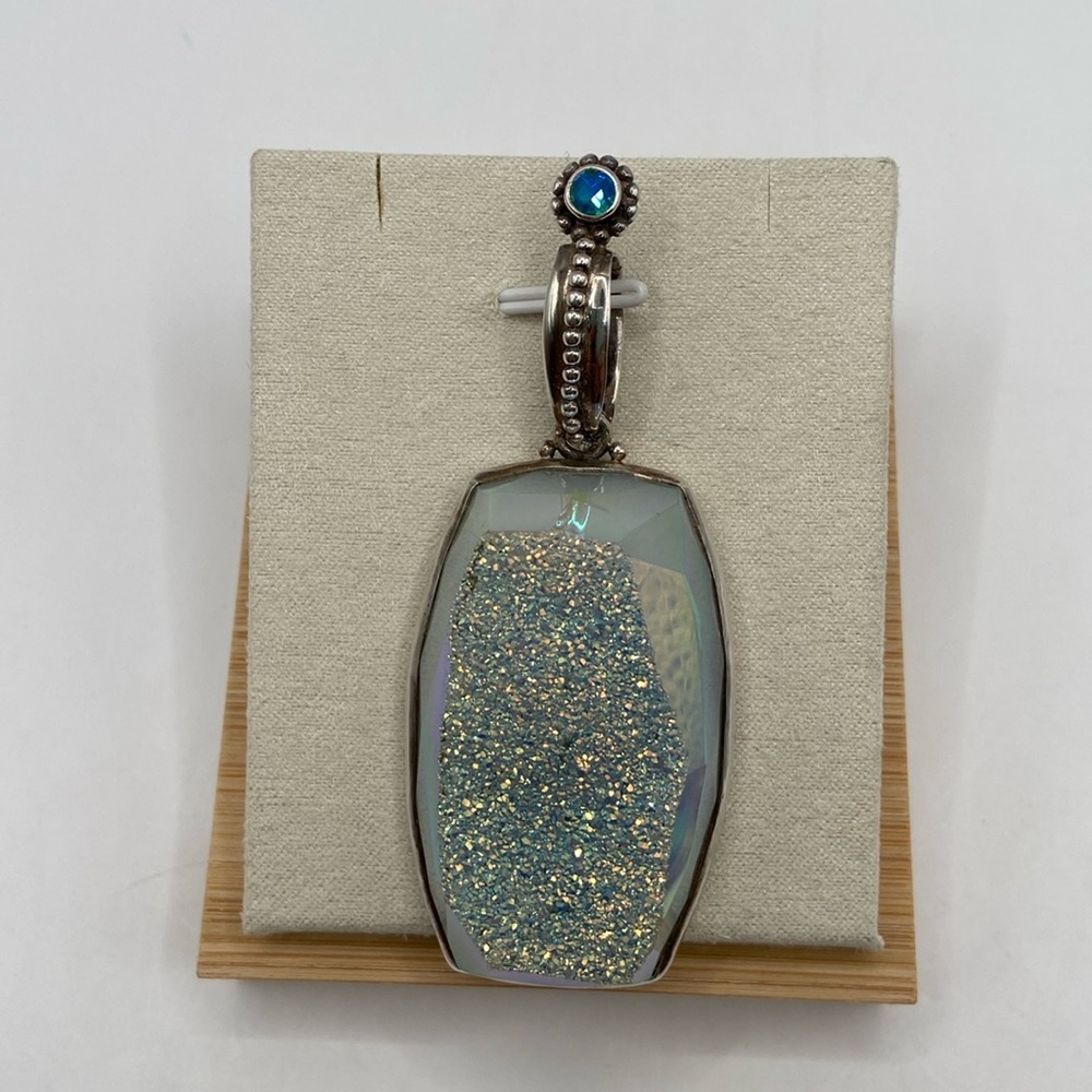 Sterling Silver 925 Large Druzy Quartz Blue Mystic Quartz Pendant - Picture 4 of 14